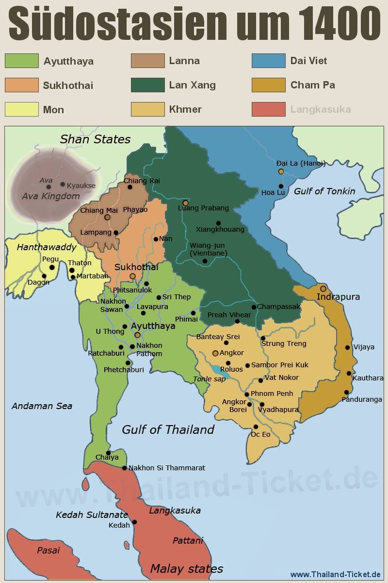 Thailand History Map - Siam Ayutthaya (Tai), Sukhothai, Lanna, Mon (Burma), Lan Xang (Laos),  Khmer (Kambodscha)