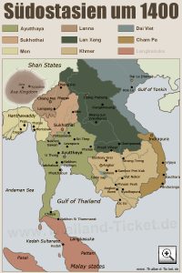 Siam [Thailand]  History Map anno 1400 - Knigreiche Ayutthaya (Tai), Sukhothai, Lanna, Mon (Burma), Lan Xang (Laos),  Khmer (Kambodscha), Dai Viet (Vietnam), Cham Pa,  Langkasuka (Malaien)