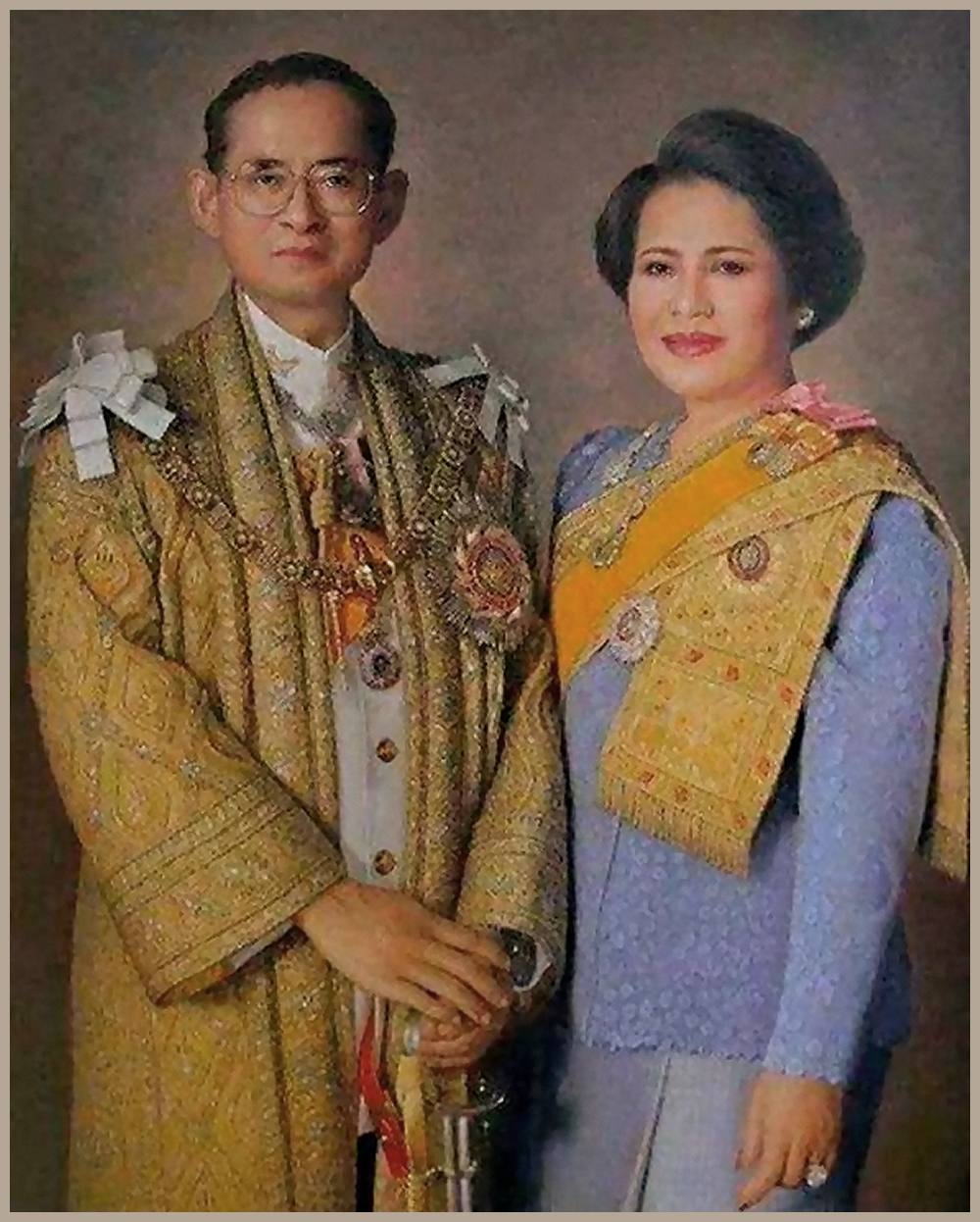 Gemälde König Bhumibol Adulyadej mit Ehefrau Königin Sirikit Kitiyakara